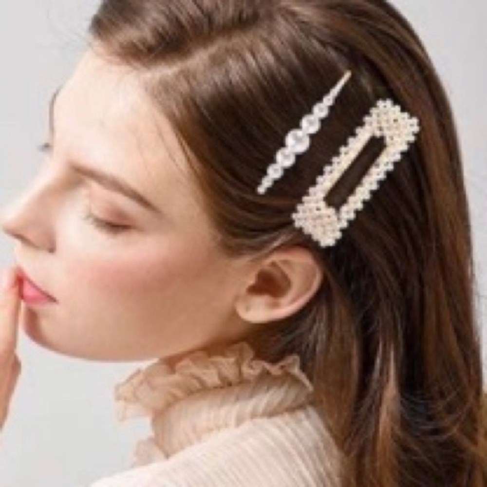 Ivory Pearl gold hairpin clip barrettes pair glam glitz bridal flower girl prom - Picture 9 of 9